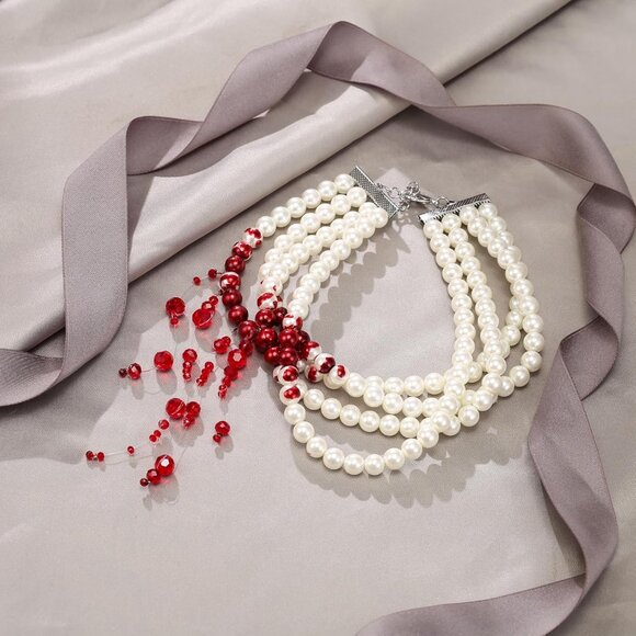 Elegant 4-Layer Blood Pearl Choker for Women - Spooky Halloween Jewelry Gift - Picture 6 of 8